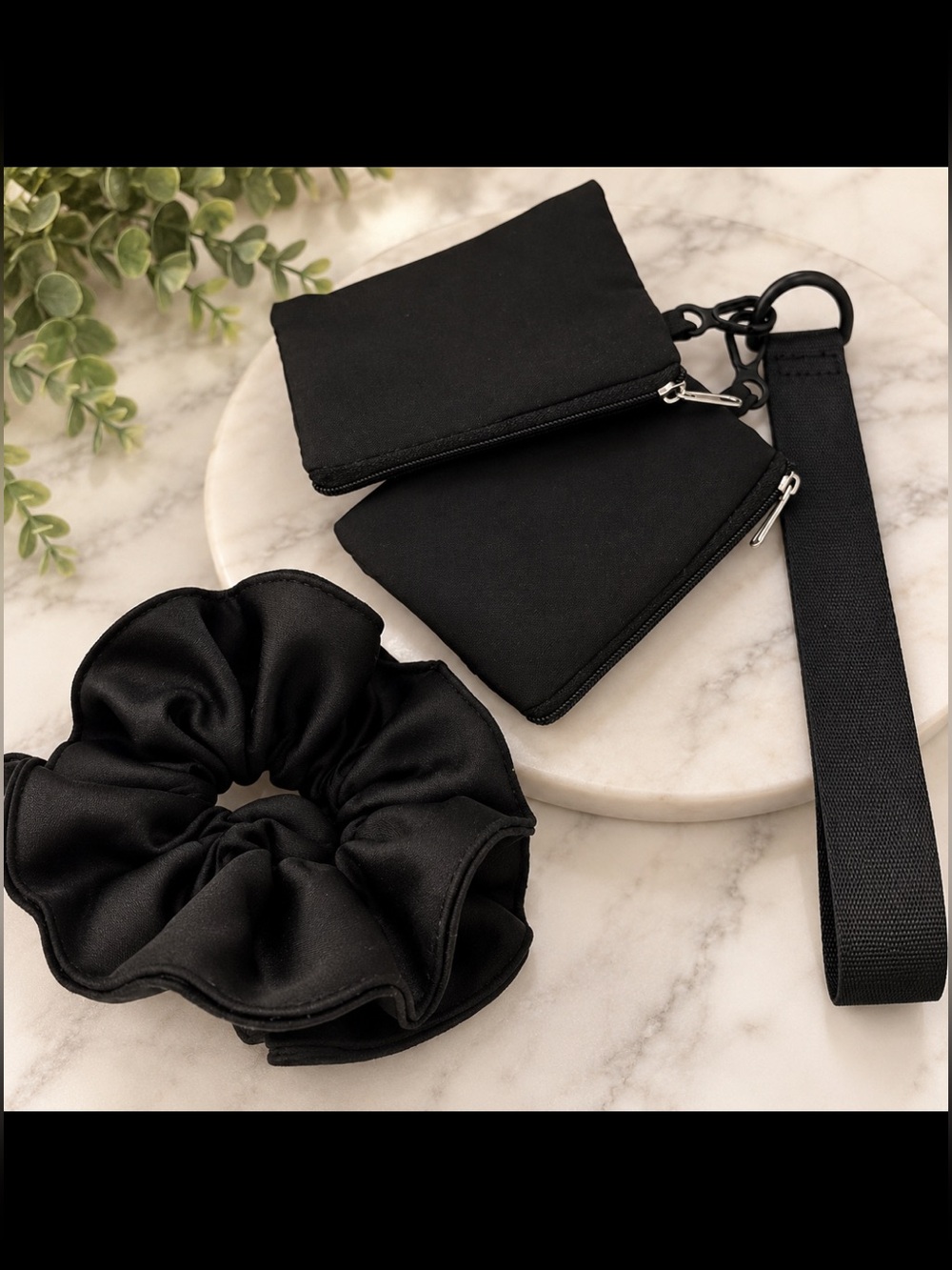 Black Mini Pouch Keychain Strap with Satin Scrunchie - Women Accessories